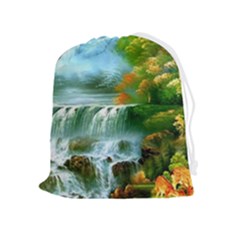 Paradise Forest Painting Bird Deer Waterfalls Drawstring Pouch (xl) by Ndabl3x