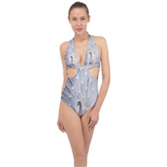 White Peacock Bird Halter Front Plunge Swimsuit by Ndabl3x