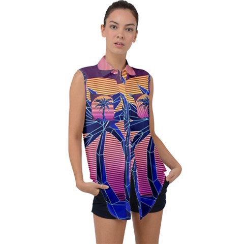 Abstract 3d Art Holiday Island Palm Tree Pink Purple Summer Sunset Water Sleeveless Chiffon Button Shirt by Cemarart