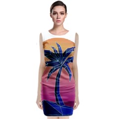 Abstract 3d Art Holiday Island Palm Tree Pink Purple Summer Sunset Water Sleeveless Velvet Midi Dress by Cemarart