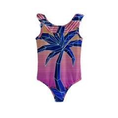 Abstract 3d Art Holiday Island Palm Tree Pink Purple Summer Sunset Water Kids  Frill Swimsuit by Cemarart