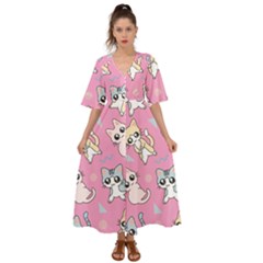 Cute Animal Little Cat Seamless Pattern Kimono Sleeve Boho Dress by Grandong