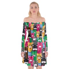 Cat Funny Colorful Pattern Off Shoulder Skater Dress by Grandong