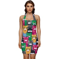 Cat Funny Colorful Pattern Sleeveless Wide Square Neckline Ruched Bodycon Dress by Grandong