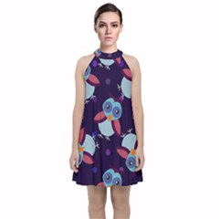 Owl Pattern Background Velvet Halter Neckline Dress  by Grandong