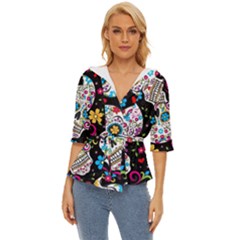 Sugar Skull Black Olorful Flower Lightweight Drawstring Hooded Top by Cemarart