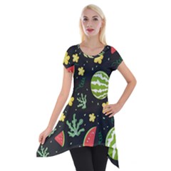 Watermelon Doodle Pattern Short Sleeve Side Drop Tunic by Cemarart