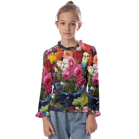 Flower And Parrot Art Flower Painting Kids  Frill Detail T-shirt by Cemarart