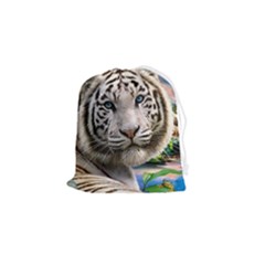 White Tiger Peacock Animal Fantasy Water Summer Drawstring Pouch (small) by Cemarart
