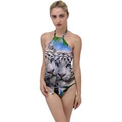 White Tiger Peacock Animal Fantasy Water Summer Go With The Flow One Piece Swimsuit by Cemarart