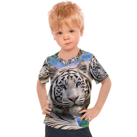 White Tiger Peacock Animal Fantasy Water Summer Kids  Sports T-shirt by Cemarart