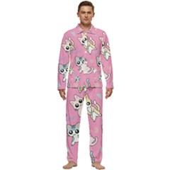 Cute Animal Little Cat Seamless Pattern Men s Long Sleeve Velvet Pocket Pajamas Set by Cemarart