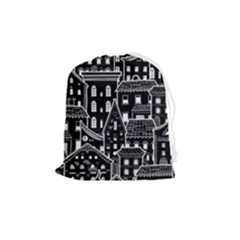 Dark Seamless Pattern With Houses Doodle House Monochrome Drawstring Pouch (medium) by Cemarart