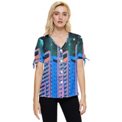 Fantasy City Architecture Building Cityscape Bow Sleeve Button Up Top by Cemarart