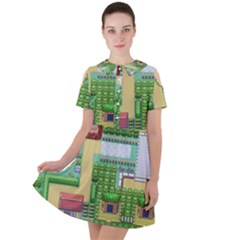 Pixel Map Game Short Sleeve Shoulder Cut Out Dress  by Cemarart