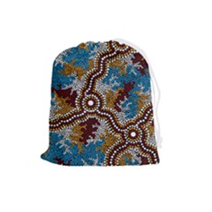 Authentic Aboriginal Art - Wetland Dreaming Drawstring Pouch (large) by hogartharts