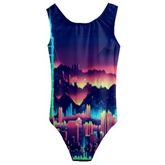 Cityscape Building Painting 3d City Illustration Kids  Cut-out Back One Piece Swimsuit by Bedest