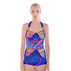 Blue And Purple Mountain Painting Psychedelic Colorful Lines Boyleg Halter Swimsuit  by Bedest