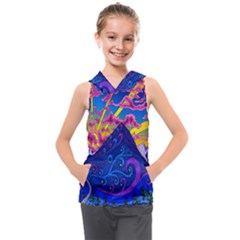 Blue And Purple Mountain Painting Psychedelic Colorful Lines Kids  Sleeveless Hoodie by Bedest