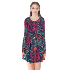 Vintage Flash Tattoos Designs Seamless Pattern Long Sleeve V-neck Flare Dress by Bedest
