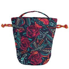 Vintage Flash Tattoos Designs Seamless Pattern Drawstring Bucket Bag by Bedest