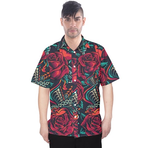 Vintage Flash Tattoos Designs Seamless Pattern Men s Hawaii Shirt by Bedest