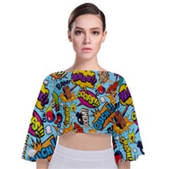 Graffiti Word Seamless Pattern Tie Back Butterfly Sleeve Chiffon Top by Bedest