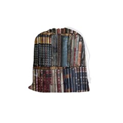 Assorted Title Of Books Piled In The Shelves Assorted Book Lot Inside The Wooden Shelf Drawstring Pouch (medium) by Bedest