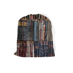 Assorted Title Of Books Piled In The Shelves Assorted Book Lot Inside The Wooden Shelf Drawstring Pouch (large) by Bedest