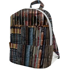 Assorted Title Of Books Piled In The Shelves Assorted Book Lot Inside The Wooden Shelf Zip Up Backpack by Bedest