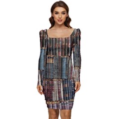 Assorted Title Of Books Piled In The Shelves Assorted Book Lot Inside The Wooden Shelf Women Long Sleeve Ruched Stretch Jersey Dress by Bedest