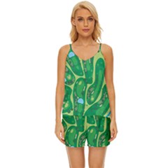 Golf Course Par Golf Course Green V-neck Satin Pajamas Set by Cemarart