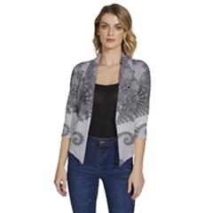 Males Mandelbrot Abstract Almond Bread Women s Draped Front 3/4 Sleeve Shawl Collar Jacket by Cemarart