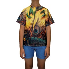 City Lights Sky Landmark Painting Kids  Short Sleeve Swimwear by Cemarart