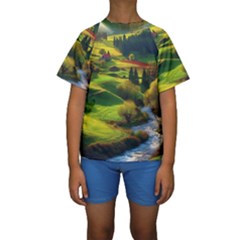 Countryside Landscape Nature Kids  Short Sleeve Swimwear by Cemarart