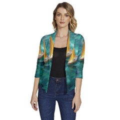 Seascape Boat Sailing Women s Draped Front 3/4 Sleeve Shawl Collar Jacket by Cemarart