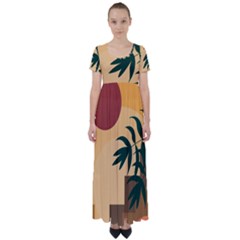 Arch Stairs Sun Branches Leaves Boho Bohemian Botanical Minimalist Nature High Waist Short Sleeve Maxi Dress by Grandong