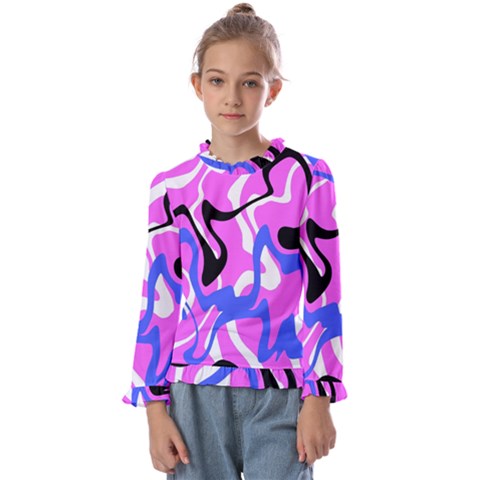 Swirl Pink White Blue Black Kids  Frill Detail T-shirt by Cemarart