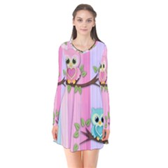 Owls Family Stripe Tree Long Sleeve V-neck Flare Dress by Bedest