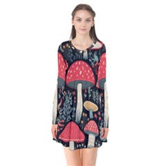 Mushrooms Psychedelic Long Sleeve V-neck Flare Dress by Grandong