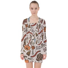 Halloween Doodle Autumn Pumpkin V-neck Bodycon Long Sleeve Dress by Bedest