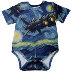Spaceship Starry Night Van Gogh Painting Baby Short Sleeve Bodysuit by Maspions