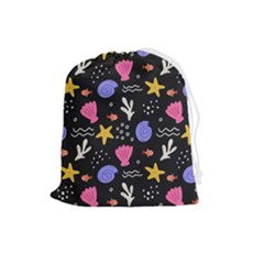 Sea Shells Pattern Wallpaper Fish Drawstring Pouch (large) by Maspions