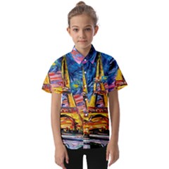 Eiffel Tower Starry Night Print Van Gogh Kids  Short Sleeve Shirt by Maspions