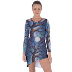 Tree Branches Mystical Moon Expressionist Oil Painting Acrylic Painting Abstract Nature Moonlight Ni Asymmetric Cut-out Shift Dress by Maspions
