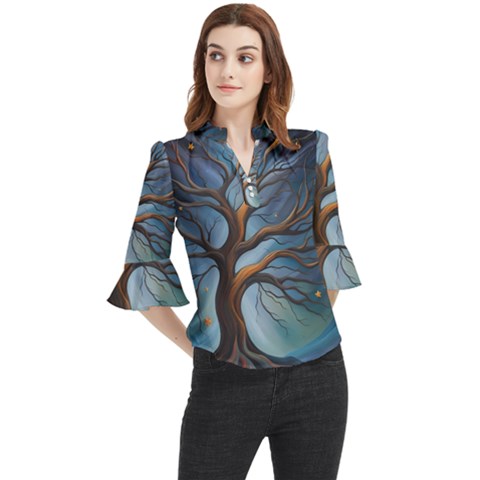 Tree Branches Mystical Moon Expressionist Oil Painting Acrylic Painting Abstract Nature Moonlight Ni Loose Horn Sleeve Chiffon Blouse by Maspions