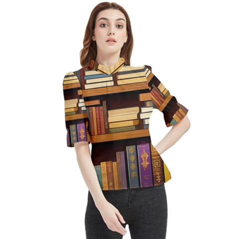 Book Nook Books Bookshelves Comfortable Cozy Literature Library Study Reading Room Fiction Entertain Frill Neck Blouse by Maspions