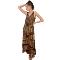 Room Interior Library Books Bookshelves Reading Literature Study Fiction Old Manor Book Nook Reading V-neck Chiffon Maxi Dress by Grandong