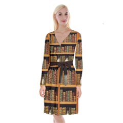 Room Interior Library Books Bookshelves Reading Literature Study Fiction Old Manor Book Nook Reading Long Sleeve Velvet Front Wrap Dress by Grandong