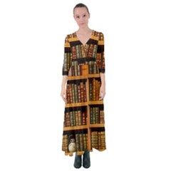 Room Interior Library Books Bookshelves Reading Literature Study Fiction Old Manor Book Nook Reading Button Up Maxi Dress by Grandong